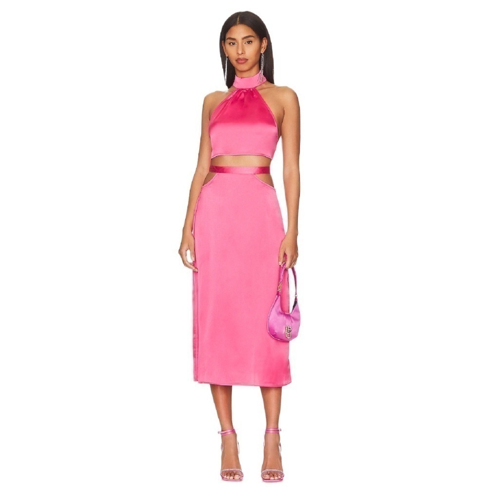 Revolve WeWoreWhat Cut Out Midi Satin Charmuse Hot Pink Skirt